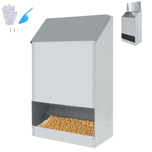 LILIIN 23KG Hühnerfutter Groß Futterautomat Hühner Futterspender Verzinkt Futtertrog Wandhalterung mit Deckel Geflügelfutterautomat für Geflügel Hühner Puten Gänse Enten von LILIIN