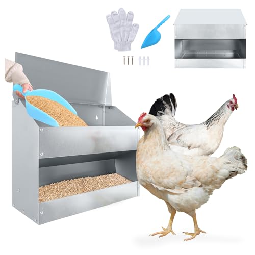 LILIIN Futterautomat Hühner 15kg Hühner Groß Futterspender Hühnerfutter Automat Hängend Geflügelfutterautomaten mit Deckel, Hühnerfutterspender aus Verzinkter Stahl für Huhn Ente Geflügel von LILIIN