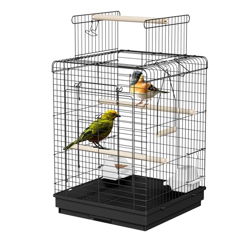 LILIIN Papageienkäfig Vogelvoliere Vogelkäfig mit Dach Wellensittichkäfig Papageienkäfig mit Futterhaus und Sitzstange, Metall Käfig aus Holz für Wellensittiche & Kanarienvögel, 40x40x72cm von LILIIN