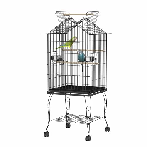 LILIIN Vogelvoliere Vogelkäfig Großer Vogelhaus Papageienkäfig mit Ständer und Rollen Metall Vogelbauer Käfig Vogel für Finken Kanarienvögel Wellensittiche, Schwarz, 55x55x145cm (mit Offenem Dach) von LILIIN