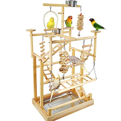 LIMIO Vogelspielplatz – Naturholz Papageien-Spielständer mit Sitzstangen, Vogelspielstudio & Zubehör, herausnehmbares Tablett & 4 Edelstahlbecher LIMIO Vogelspielplatz – Naturholz Papageien-Spielständer mit Sitzstangen, Vogelspielstudio & Zubehör, herausnehmbares Tablett & 4 Edelstahlbecher von LIMIO
