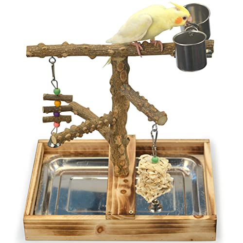 LIMIO Vogelspielzeug aus natürlichem Holz, Spielplatz, Vogelkäfig-Zubehör, Vogelsitzstangen, mit herausnehmbarem Tablett und 2 Edelstahlbechern von LIMIO