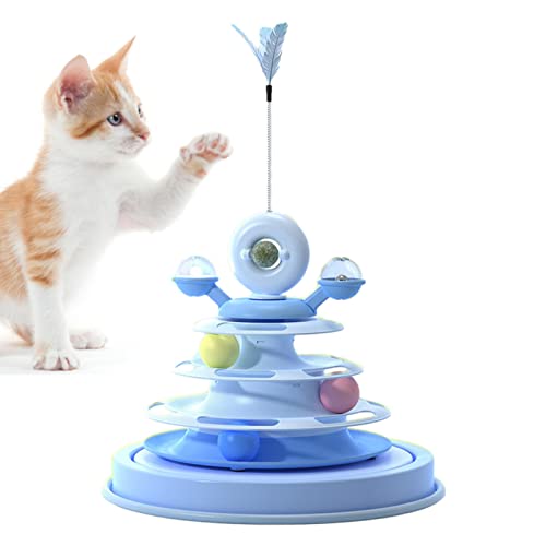 LINGJIONG Cat-Kugelbahn | 360 ° drehbarer Cat-Drehtellerball - 4-stufiges rotierendes Windmühlen-Katzenrollenspielzeug mit Katzenfeder-Teasern und Katzenminze für Heimkätzchen von LINGJIONG