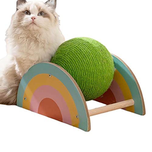LINGJIONG Hölzernes Katzenfangballspielzeug - Natürliche Sisal-Katze, die drehbare Kugel kratzt - Exquisites Haustierspielzeug mit frischen grünen Sisalkugeln und Einer Basis wie EIN Regenbogen von LINGJIONG