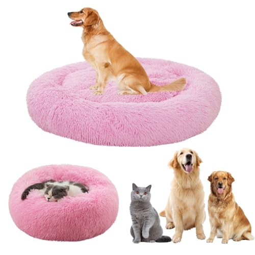 Hundebett Flauschig, Rund Donut-Design Hundebett, Katzenbett, Donut Kissen, Waschbar, Hundebett mit Anti-Rutsch-Boden, Multi-Size-Haustier Hundebett für Klein-Mittelgroße Hunde-120CM, Hellrosa von LINGXIYA