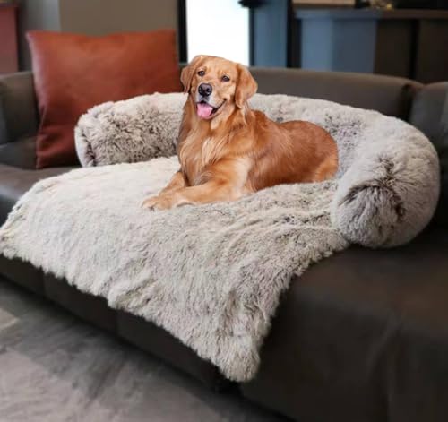 LINGXIYA Flauschiges Hundesofa, Bequem Hundebett mit Hohe U-förmige Ränder, rutschfest Hundebetten, Waschbar Hundebetten für Mittelgroße und Große Hunde und Katzen (Braun,130 * 105cm) von LINGXIYA