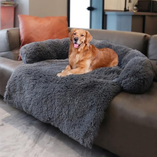 LINGXIYA Flauschiges Hundesofa, Bequem Hundebett mit Hohe U-förmige Ränder, rutschfest Hundebetten, Waschbar Hundebetten für Mittelgroße und Große Hunde und Katzen (Dunkelgrau,130 * 105cm) von LINGXIYA