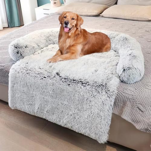 LINGXIYA Flauschiges Hundesofa, Bequem Hundebett mit Hohe U-förmige Ränder, rutschfest Hundebetten, Waschbar Hundebetten für Mittelgroße und Große Hunde und Katzen (Grau,115 * 95cm) von LINGXIYA