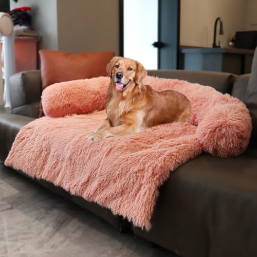 LINGXIYA Flauschiges Hundesofa, Bequem Hundebett mit Hohe U-förmige Ränder, rutschfest Hundebetten, Waschbar Hundebetten für Mittelgroße und Große Hunde und Katzen (Rosa,115 * 95cm) von LINGXIYA