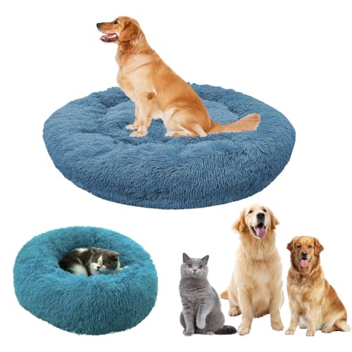 LINGXIYA Hundebett Flauschig, Rund Donut-Design Hundebett, Katzenbett, Donut Kissen, Waschbar, Hundebett mit Anti-Rutsch-Boden, Multi-Size-Haustier Hundebett für Klein-Mittelgroße Hunde-100CM, Blau von LINGXIYA