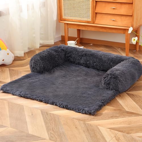 LINGXIYA Plüsch Hundebett, Haustier-Couchschutz, Rutschfester Hundematte, Anti-Angst Haustierbett mit Schaumstoff-Nackenrolle für Hunde und Katzen, Hundekissen Waschbar, 105 * 93cm, Dunkelgrau von LINGXIYA