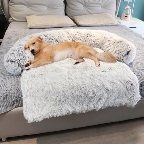 LINGXIYA Plüsch Hundebett, Hundedecke, Hundekissen, Waschbares Haustierbett mit Schaumstoff-Nackenrolle, Anti-Angst-Hundebett, Rutschfester Hundematte für Hunde und Katzen(60cm, Kaffeefarbe) von LINGXIYA