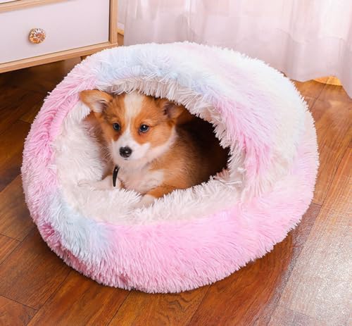 LINGXIYA Rund Halb Geschlossener Katzenbett, Lang Plüsch Verdicktes Warmes Hundekorb, Haustierbett mit Rutschfester Unterseite, Donut Katzenhöhlenbett für Kätzchen Welpen, Waschbar von LINGXIYA