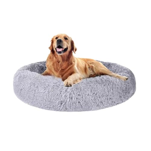 LINGXIYA Rundes Hundekissen, Plüsch Weich Warm Donut Haustierbett, Hundebett Flauschig, Rund Katzenkorb, Waschbar Katzenbett Hundekissen, Haustierbett mit Rutschfester Unterseite (100CM,Grau) von LINGXIYA