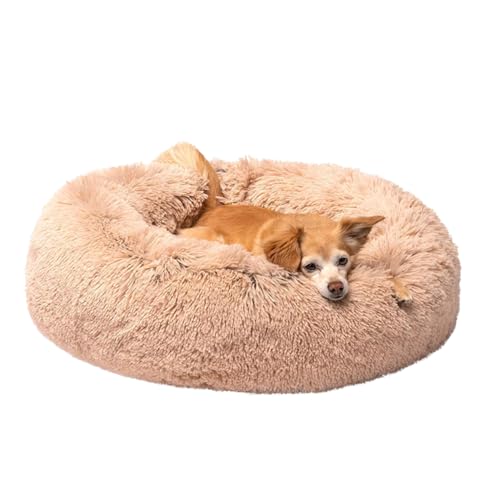 LINGXIYA Rundes Hundekissen, Plüsch Weich Warm Donut Haustierbett, Hundebett Flauschig, Rund Katzenkorb, Waschbar Katzenbett Hundekissen, Haustierbett mit Rutschfester Unterseite (110CM,Beige) von LINGXIYA