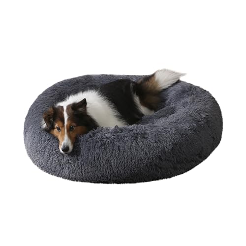 LINGXIYA Rundes Hundekissen, Plüsch Weich Warm Donut Haustierbett, Hundebett Flauschig, Rund Katzenkorb, Waschbar Katzenbett Hundekissen, Haustierbett mit Rutschfester Unterseite (130CM,Dunkelgrau) von LINGXIYA