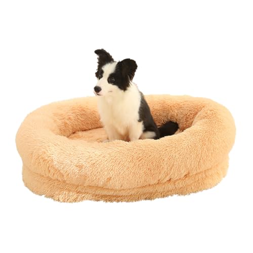 Rund Plüsch Hundesofa, Hundekörbchen, Katzenbett Hundekissen, Waschbar Hundebett mit Reißverschluss, Anti-Rutsch Katzenbett, Hundekorb für Fensterbank, Sofa, Boden, Auto (90cm,Aprikosenfarbe) von LINGXIYA