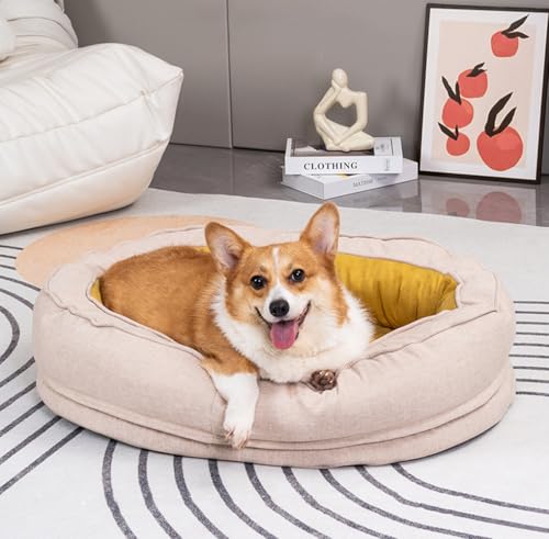 Weiches Bequemes Plüsch Hundebett, Orthopädisches Hundecouch, Hundesofa mit Abnehmbar Waschbar Bezug, Rutschfeste Unterseite, Hundekorb für Hunde und Katzen Jeden Alters (Gelb,M-70*50*18cm) von LINGXIYA