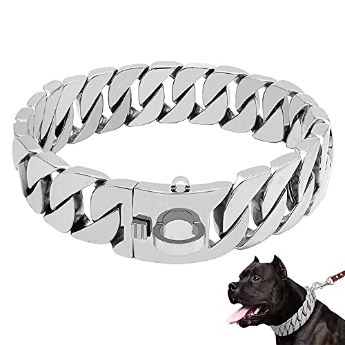 LINGYUN Goldkette Hundehalsband Hochleistungs-Choke Kubanische Hundekette für Große Hunde, 30 Mm Breite, Hundehalsband, Starke Stahlmetallglieder für Große Rassen,Silber,50CM/19.5in von LINGYUN