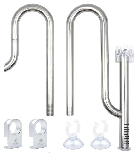 LINLAN 304 Edelstahl Lily Pipe Einlauf- und Auslaufset mit Mini-Aluminiumlegierung Rohrhalter, passend für 12/16mm(1/2" i.d.) Filter-Schlauch, ideal für rahmenlose Aquarien (mit Skimmer) von LINLAN