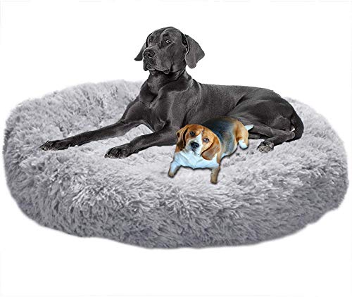 LINRUI Antistress Donut Hundebett Hoch XXL,Kuscheliges Hundekissen Memory Foam Flauschiges XXL Orthopädisch Oval Rund XL Hundehöhle für Mittelgroße große Hunde,Abwaschbar Grau von LINRUI