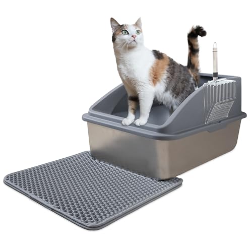LINUMA® Edelstahl-Katzentoilette mit Deckel antibakterielles Katzenklo aus Metall mit Spritzschutz Katzenklo aus Edelstahl mit Katzenstreumatte Doppelschicht Metallschaufel leicht zu reinigen von LINUMA