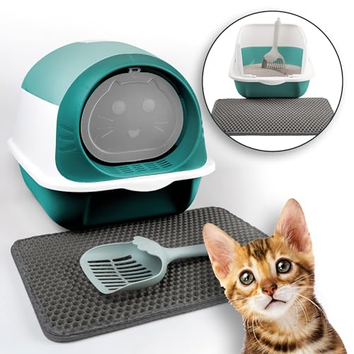 LINUMA® kleines Katzenklo mit Deckel abnehmbar - Katzen Klo mit Katzenstreumatte, Streuschaufel & Aktivkohlefilter - Katzenklo für Kitten - Katzenklo geschlossen - Katzentoilette hoher Rand (grün) von LINUMA