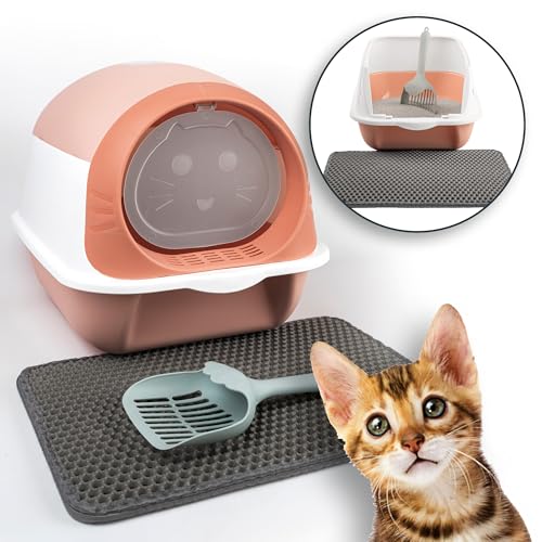 LINUMA® kleines Katzenklo mit Deckel abnehmbar - Katzen Klo mit Katzenstreumatte, Streuschaufel & Aktivkohlefilter - Katzenklo für Kitten - Katzenklo geschlossen - Katzentoilette hoher Rand (apricot) von LINUMA