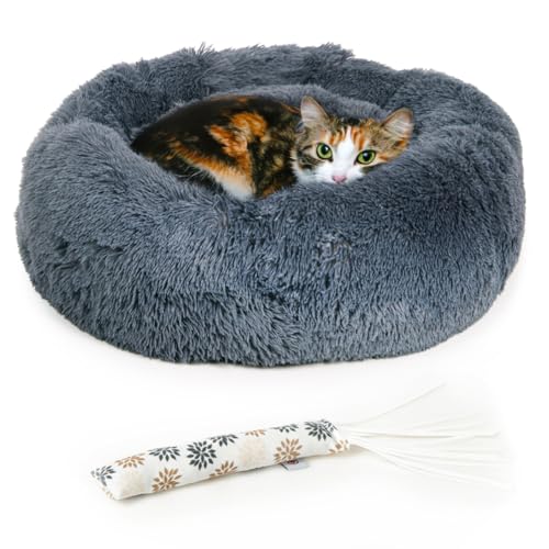 LITTLE LORD | Premium Bundle-Set Katzenbett flauschig, Katzenkörbchen flauschig inkl. der hochwertigen CanadianCat Spielrolle mit Katzenminze, Dunkelgrau, ca. Ø 50 cm von LITTLE LORD