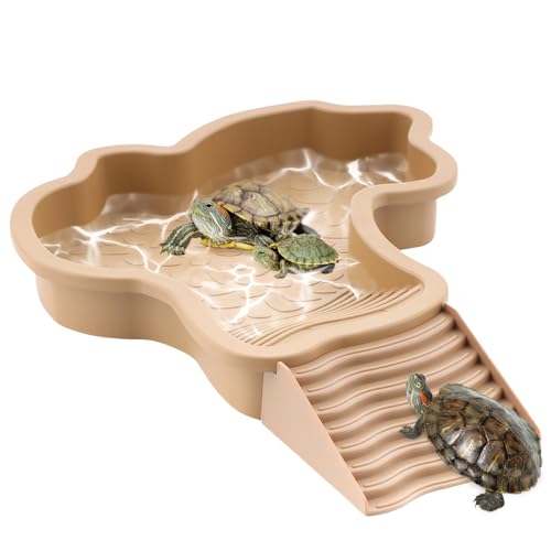 Große Reptilien-Badepool-Schildkröte, Futter- und Wasserschalen mit Rampe, Aquarium-Ornament für Schildkröte, gehörnt, Frosch, Eidechse, Gecko, Schlange (braun) von LIUZONGIN
