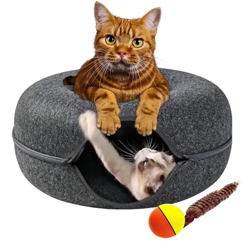 LIVISHI Cat Peekaboo Höhlenbett – Enthält einen interaktiven Rollball mit pelzigem Schwanz – Katzen lieben es, in diesem langlebigen Donut-Tunnel aus Filz zu spielen und zu schlafen. von LIVISHI