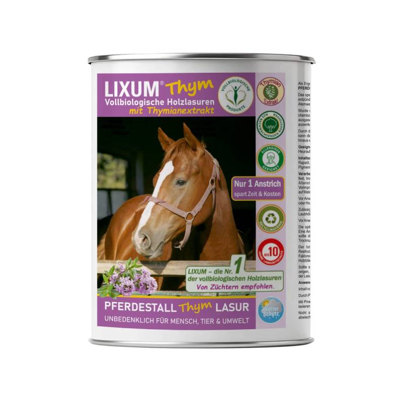 Lixum Thym Pferdestall Lasur 1L, farblos Fläche: ca. 25-30m² - biologisch - absolut ungiftig Lixum Thym Pferdestall Lasur 1L, farblos Fläche: ca. 25-30m² - biologisch - absolut ungiftig von LIXUM