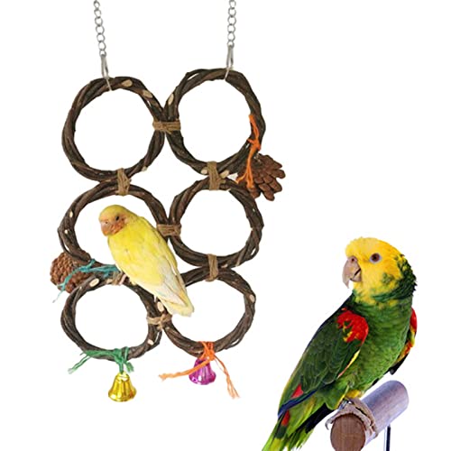Vogelschaukeln Ständer Papagei Hängendes Kletternetz Spielzeug Hängematte Leiter Kreis Schaukelrahmen Spielzeug Holzring mit Glocken für Vögel Vogelkäfig Sitzstangen Leitern (6 Ringe) von LIZEALUCKY
