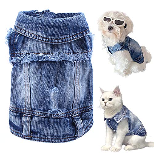 LKEX Hunde-Jeansjacke, kühles und weiches Hemd, Haustier-blauer Denim-Mantel, klassische Revers-Westen, modische Kleidung für kleine mittelgroße Hunde und Katzen, L von LKEX