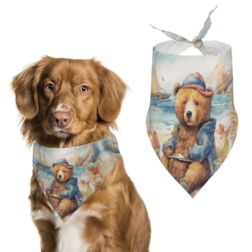 Hundehalstuch, Motiv: Bär am Strand, waschbar und verstellbar, dreieckig, atmungsaktiv, für kleine, mittelgroße und große Haustiere, niedliches modisches Haustierzubehör Hundehalstuch, Motiv: Bär am Strand, waschbar und verstellbar, dreieckig, atmungsaktiv, für kleine, mittelgroße und große Haustiere, niedliches modisches Haustierzubehör von LKHDS