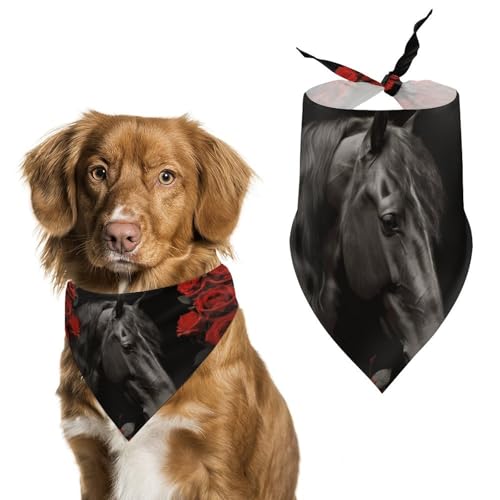 Hundehalstuch, Motiv: Schwarzes Pferd auf rotem Rosen-Hintergrund, waschbar und verstellbar, dreieckig, atmungsaktiv, für kleine, mittelgroße und große Haustiere, niedliches modisches Haustierzubehör Hundehalstuch, Motiv: Schwarzes Pferd auf rotem Rosen-Hintergrund, waschbar und verstellbar, dreieckig, atmungsaktiv, für kleine, mittelgroße und große Haustiere, niedliches modisches Haustierzubehör von LKHDS
