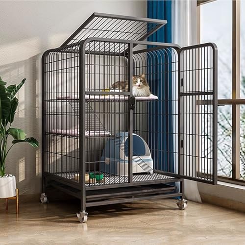 Großer Katzenkäfig aus Metall, DIY-Katzenkäfig-Laufstall, Katzengehege für Drinnen, Abnehmbares Tablett, mit Verschließbaren Türen und Rädern(78x55x108CM) von LKPMGOA