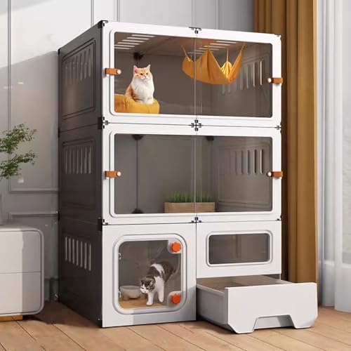 Kätzchenkäfig für Hauskatzen, Katzenkafig Indoor mit Toilette, Katzengehege für Drinnen, Komplettes Zubehör, Erweiterungsraum(Grey,71x46x106cm) von LKPMGOA