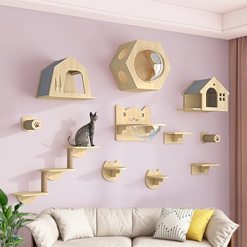 LKPMGOA Katzen Kletterwand Set, Katzen Wand Klettern, Kratzbaum Wand Mit Kratzbaum, Verstärkte Platte, Kostenloser Selbstbau, Erweiterter Platz(11pcs) von LKPMGOA
