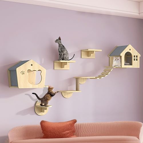 LKPMGOA Katzen Kletterwand Set, Katzen Wand Klettern, Kratzbaum Wand Mit Kratzbaum, Verstärkte Platte, Kostenloser Selbstbau, Erweiterter Platz(7pcs) von LKPMGOA