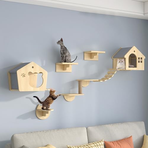 LKPMGOA Katzen Kletterwand Set, Katzenmöbel Aus Holz, Katzenwandparkour Verdickte Platte, Robust und Stabil(7pcs) von LKPMGOA