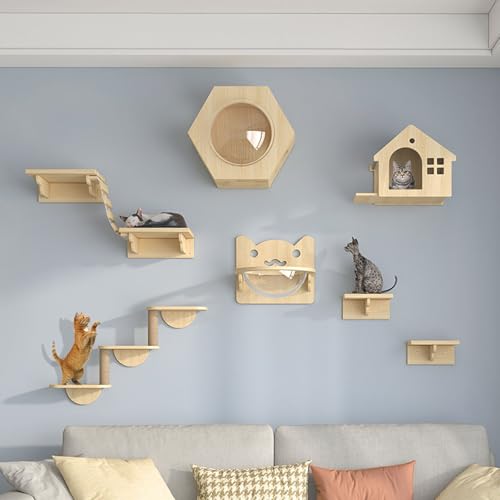 LKPMGOA Katzen Kletterwand Set, Katzenmöbel Aus Holz, Katzenwandparkour Verdickte Platte, Robust und Stabil(9pcs) von LKPMGOA