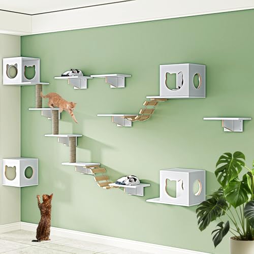 LKPMGOA Katzen Kletterwand Set, Katzenmöbel-Set, Holzkletterwand mit Kratzbaum, Zum Schlafen, Spielen, Klettern und Entspannen(17pcs) von LKPMGOA
