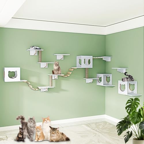 LKPMGOA Katzen Kletterwand Set, Katzenmöbel-Set, Holzkletterwand mit Kratzbaum, Zum Schlafen, Spielen, Klettern und Entspannen(18pcs) von LKPMGOA