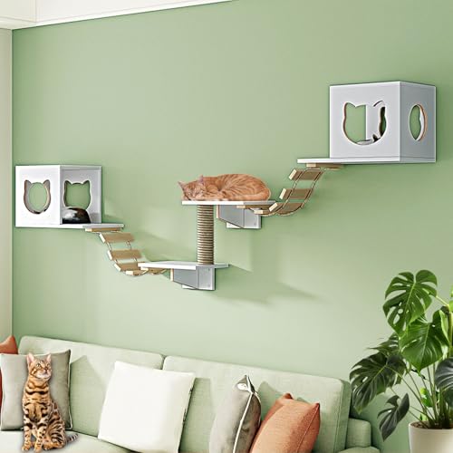 LKPMGOA Katzen Kletterwand Set, Katzenmöbel-Set, Holzkletterwand mit Kratzbaum, Zum Schlafen, Spielen, Klettern und Entspannen(7pcs) von LKPMGOA