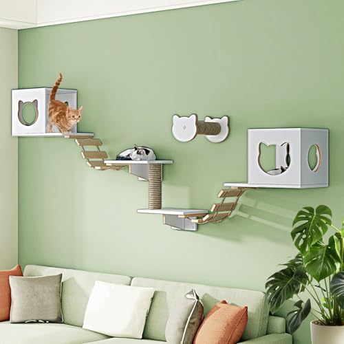 LKPMGOA Katzen Kletterwand Set, Katzenmöbel-Set, Holzkletterwand mit Kratzbaum, Zum Schlafen, Spielen, Klettern und Entspannen(8pcs) von LKPMGOA