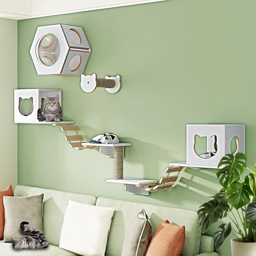 LKPMGOA Katzen Kletterwand Set, Katzenmöbel-Set, Holzkletterwand mit Kratzbaum, Zum Schlafen, Spielen, Klettern und Entspannen(9-4pcs) von LKPMGOA