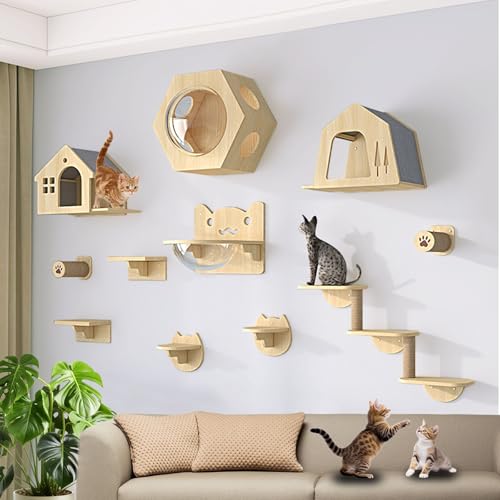 LKPMGOA Katzen Kletterwand Set, Katzenwandparkour, Wandmöbel mit Plattformen, Stufen, Kratzbaum und Sitzstange(11pcs) von LKPMGOA