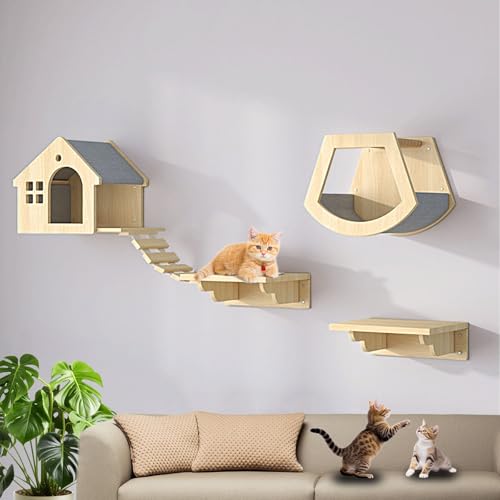 LKPMGOA Katzen Kletterwand Set, Katzenwandparkour, Wandmöbel mit Plattformen, Stufen, Kratzbaum und Sitzstange(5pcs) von LKPMGOA