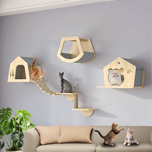 LKPMGOA Katzen Kletterwand Set, Katzenwandparkour, Wandmöbel mit Plattformen, Stufen, Kratzbaum und Sitzstange(6pcs) von LKPMGOA